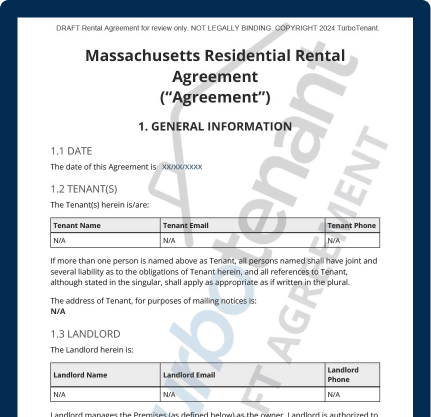 Watermarked sample of a TurboTenant Massachusetts residential lease agreement for standard and month to month tenancies