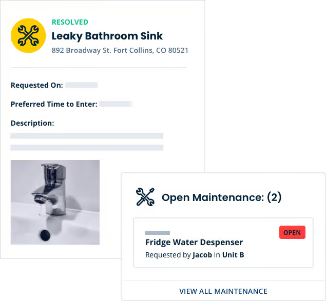 Resolved tenant maintenance request for a leaky bathroom sink with two open requests in an online portal