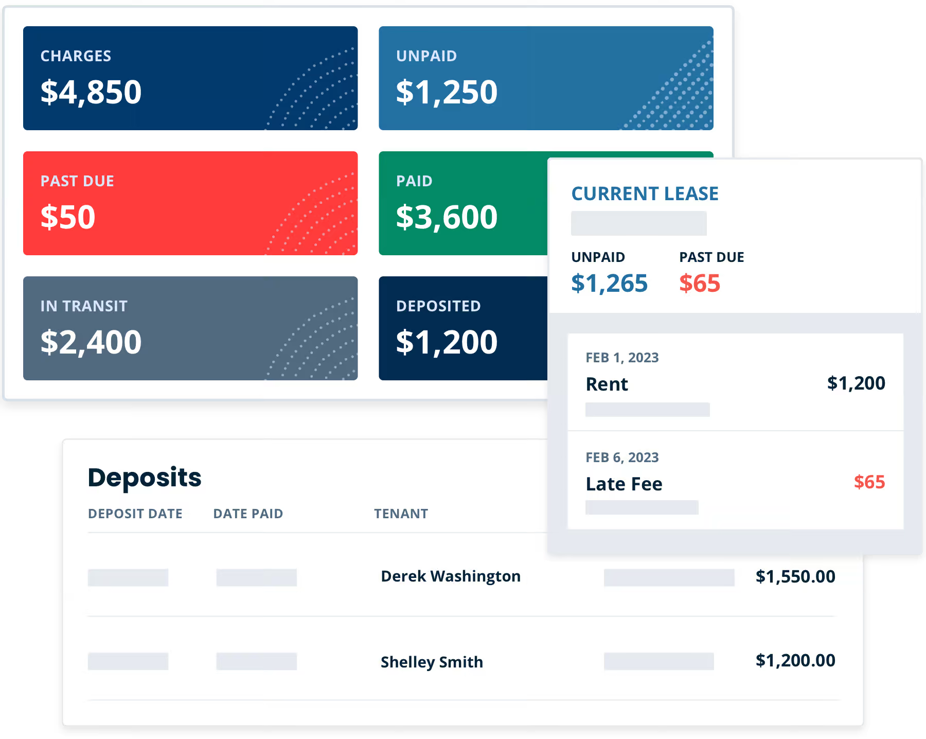 Online landlord account with rent statistics, owed money by tenants, and incoming renter deposits