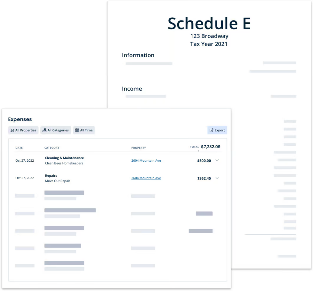 Landlord expense tracking document and Schedule E accounting report for commercial property