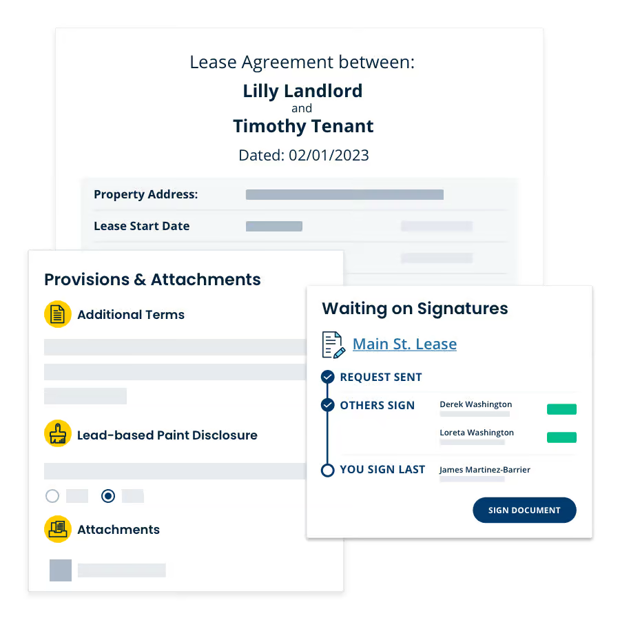 Digital landlord and tenant lease agreement with terms, disclosures, attachments, and e-signatures