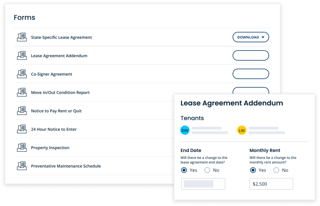 List of downloadable PDF rental forms including co-signer agreement, property inspection, preventative maintenance scheduling, and more