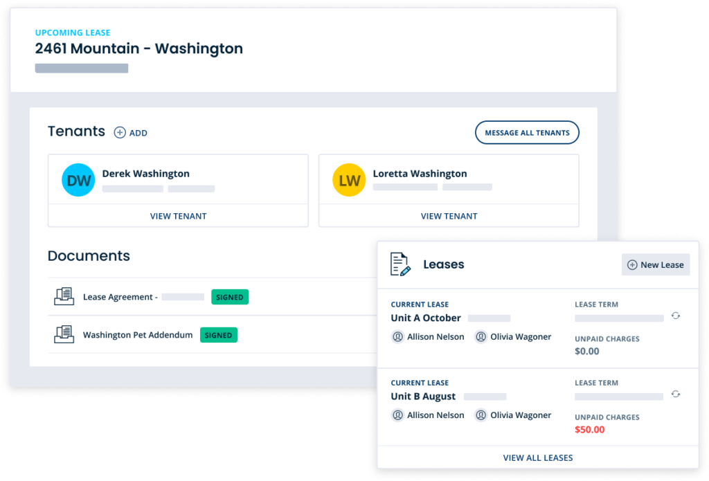 Online TurboTenant landlord account portal with renter listings, documents, agreements, and unpaid charges